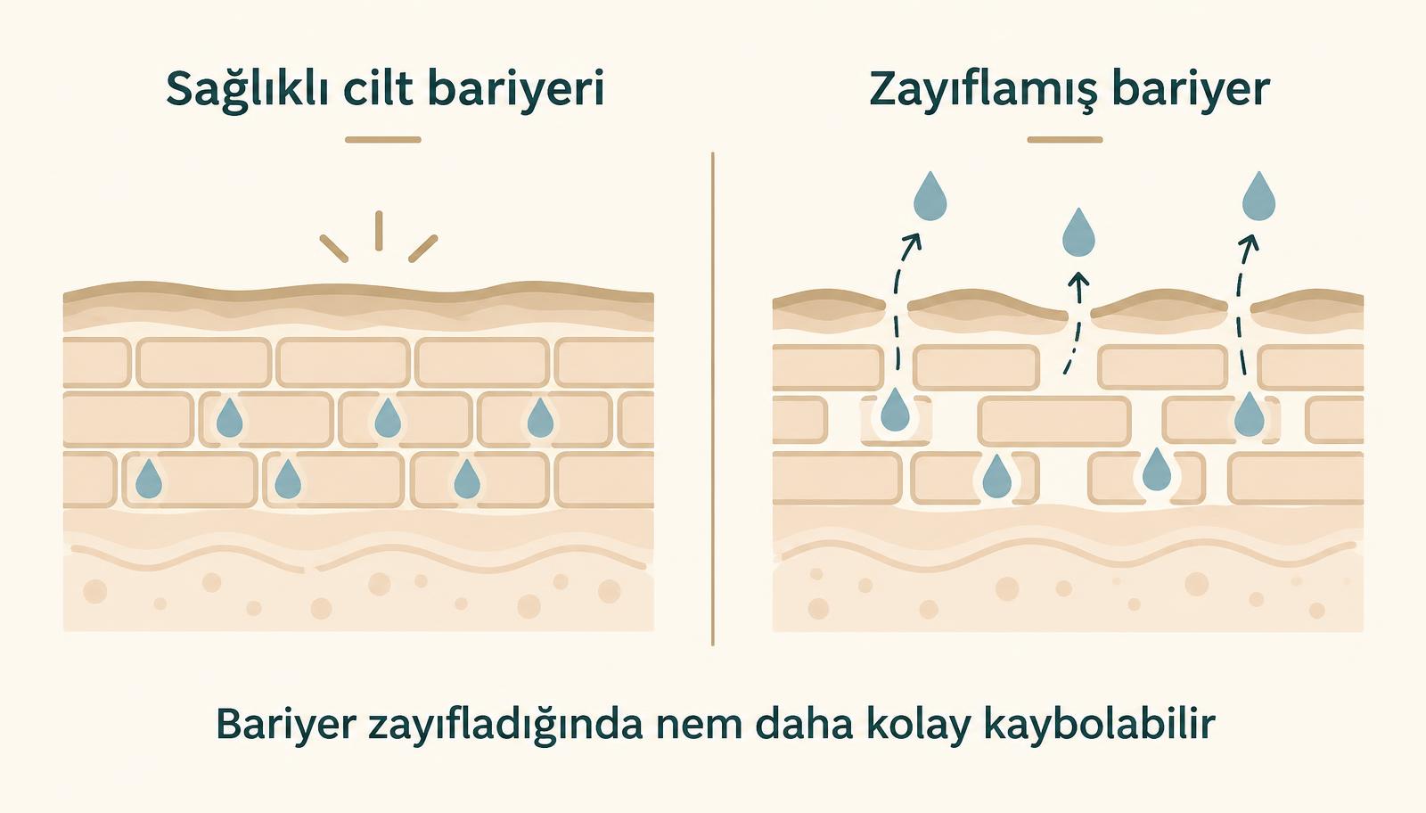Sağlıklı cilt bariyeri ile nem kaybının arttığı zayıflamış bariyeri karşılaştıran sade şema